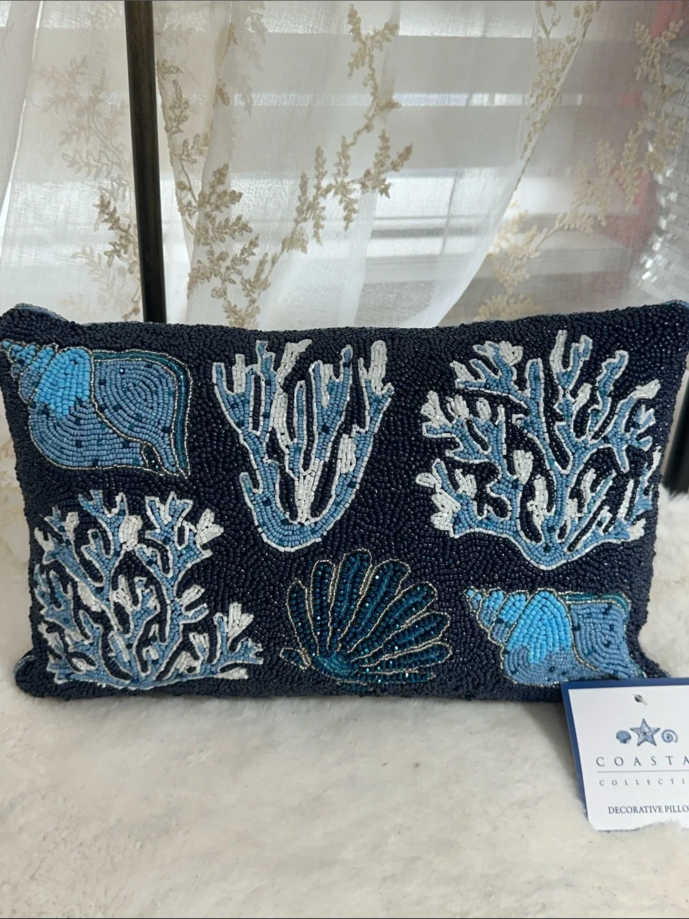 Coastal collection blue beaded sea shells decor pillow